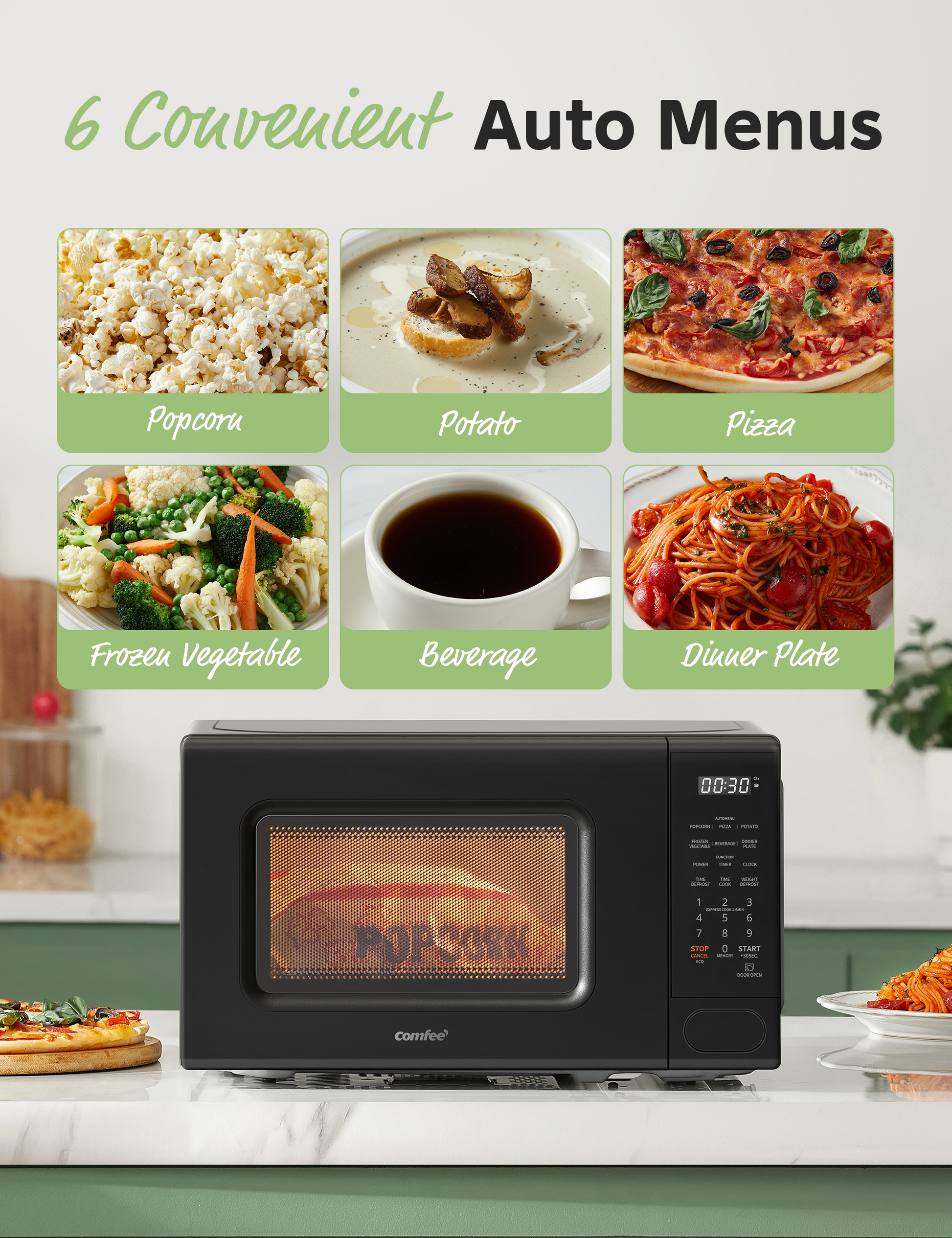 Microwave paired with images of foods (popcorn, pizza, etc.), highlighting 6 convenient auto menus.