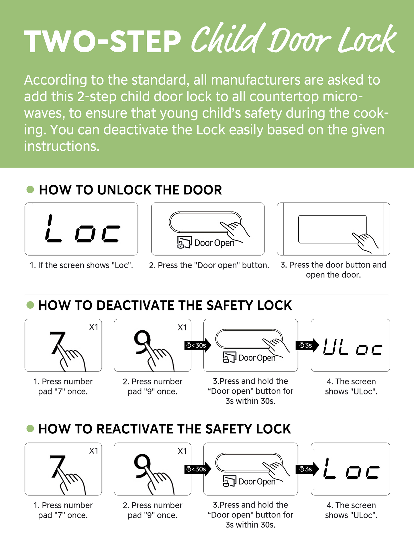 Instruction diagram of microwave two-step child door lock for safety operation.