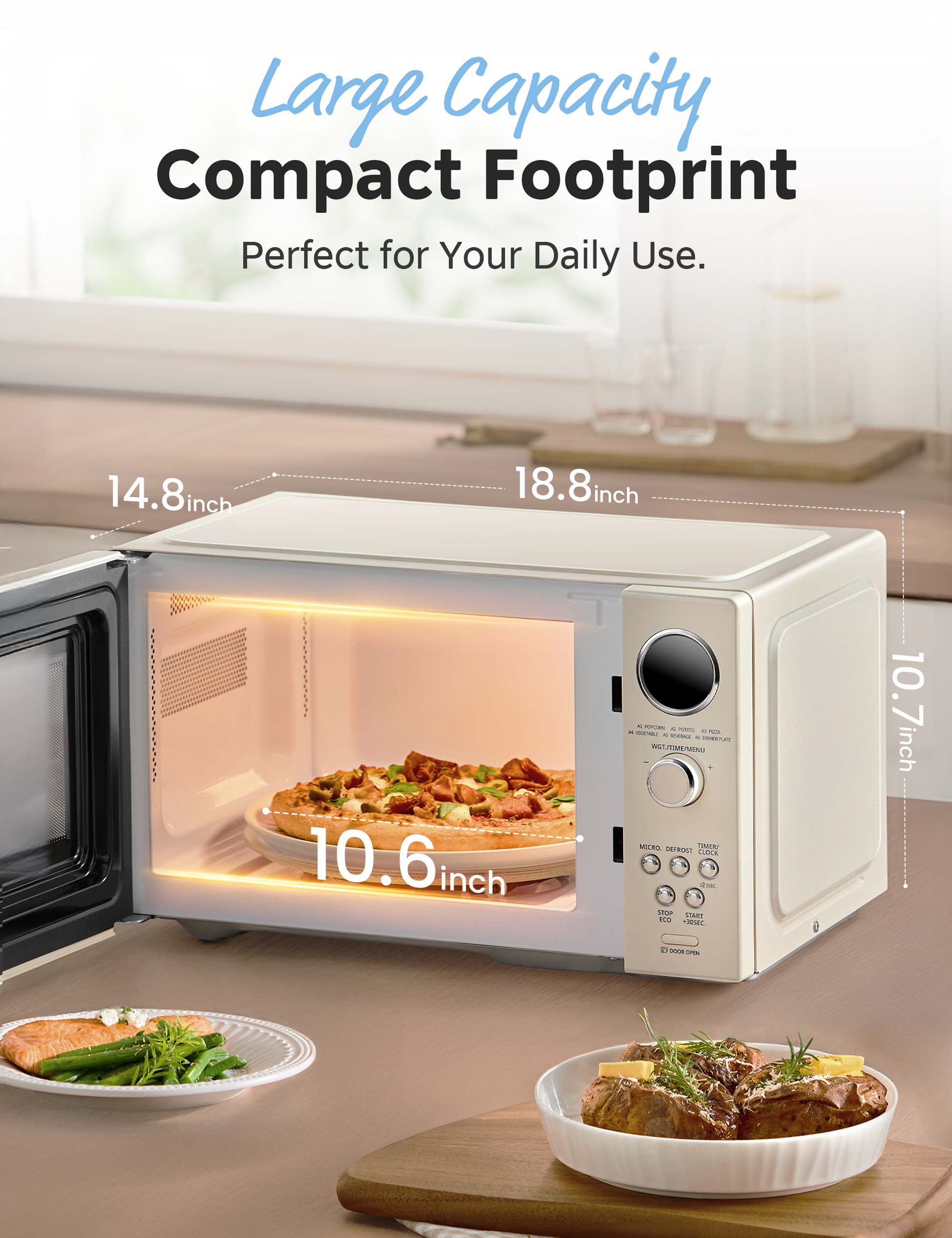 comfee microwave with open door, showing interior space and size dimensions