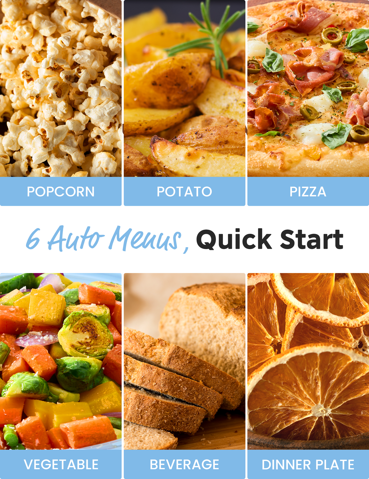 Various foods (popcorn, potato, pizza, etc.), indicating microwave’s 6 auto menus for different recipes.