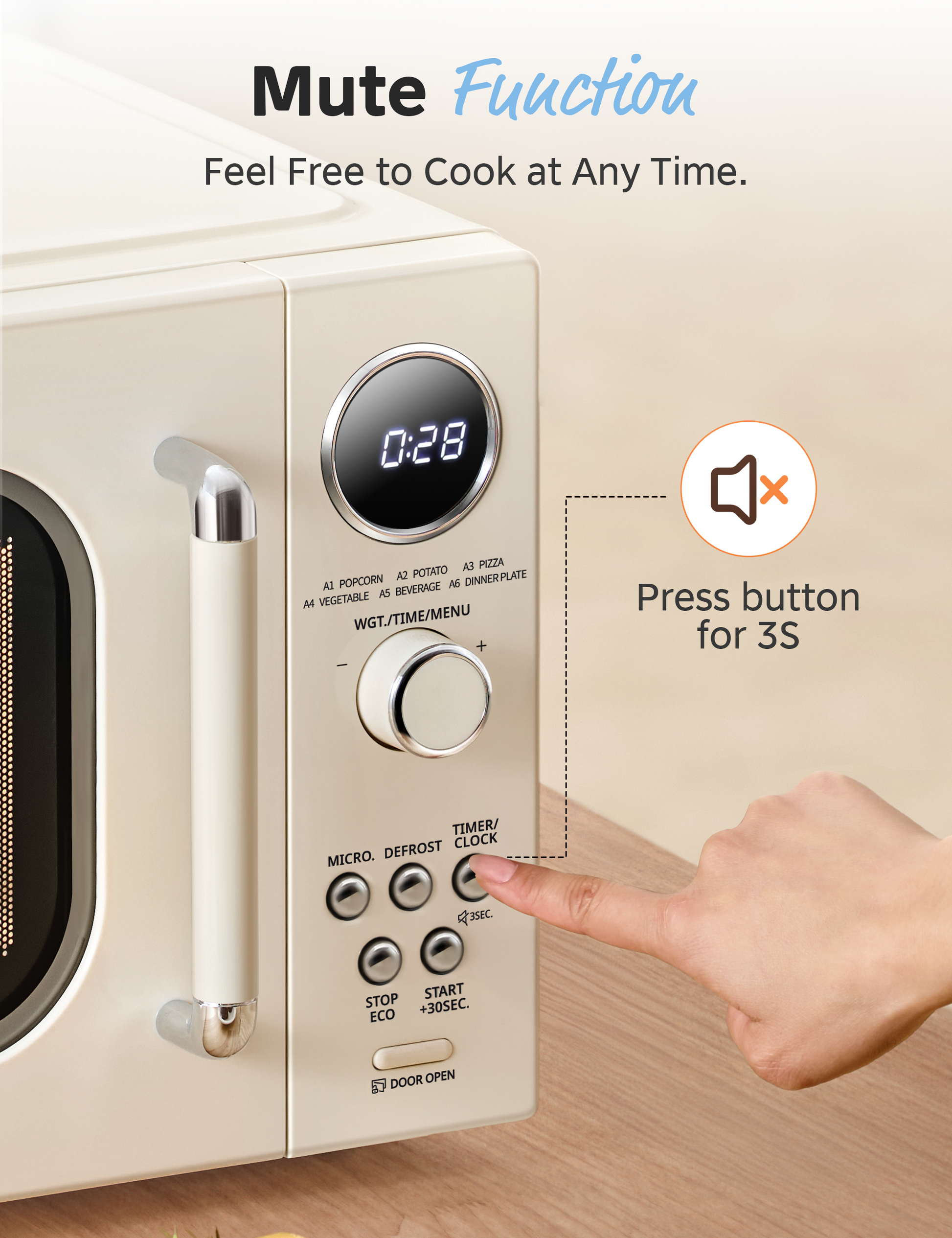 Hand pressing microwave button, demonstrating mute function operation for silent cooking.