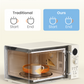 Microwave interior with turntable, visualizing turntable reset function comparison (traditional vs. new).