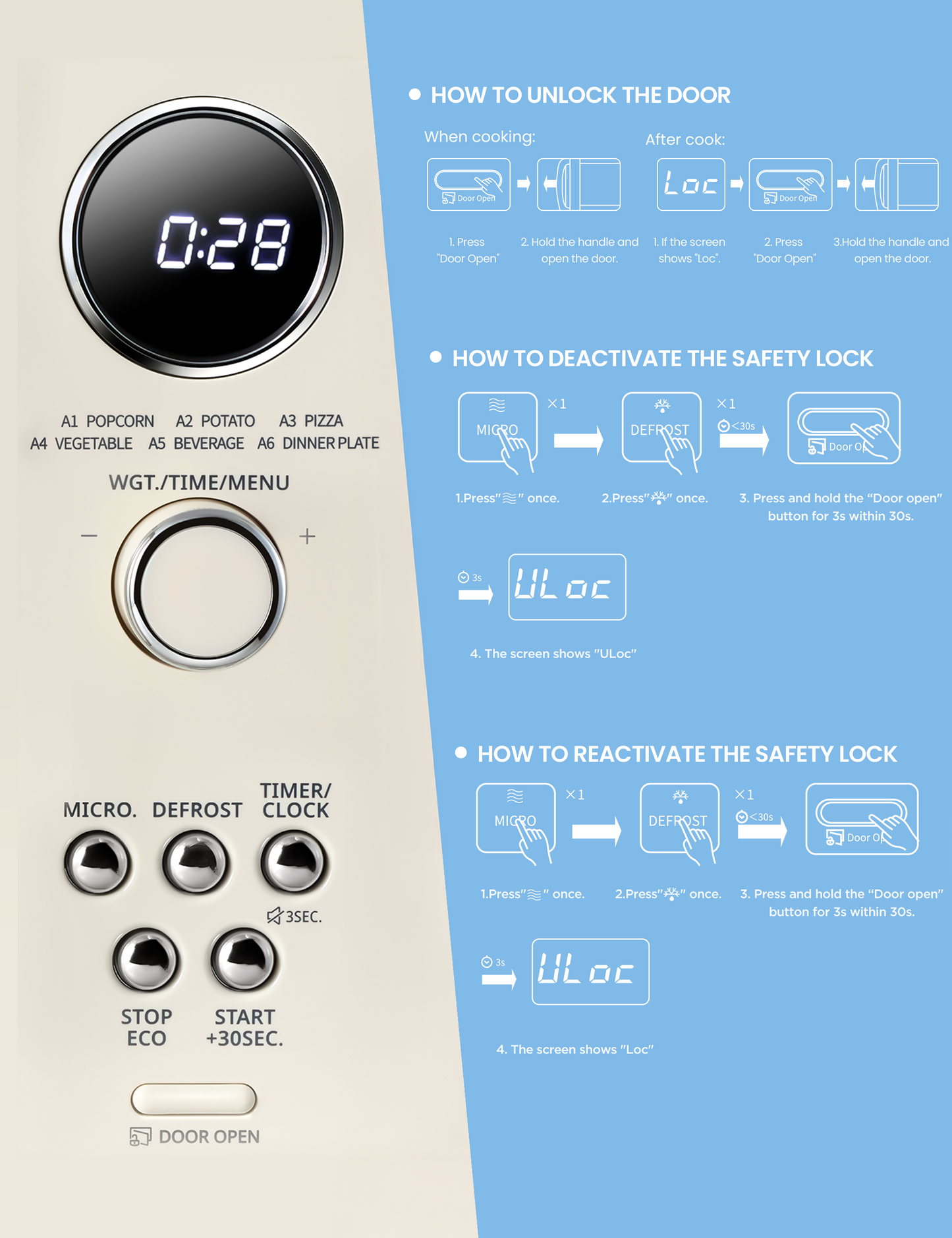 retro microwave control panel with door unlock/safety lock instructions