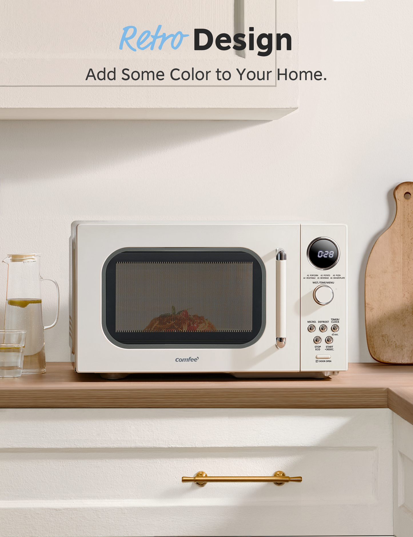 apricot microwave with retro design, placed in kitchen setting.