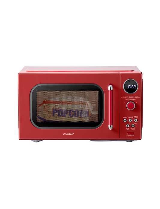 Front view of red microwave, displaying working status.