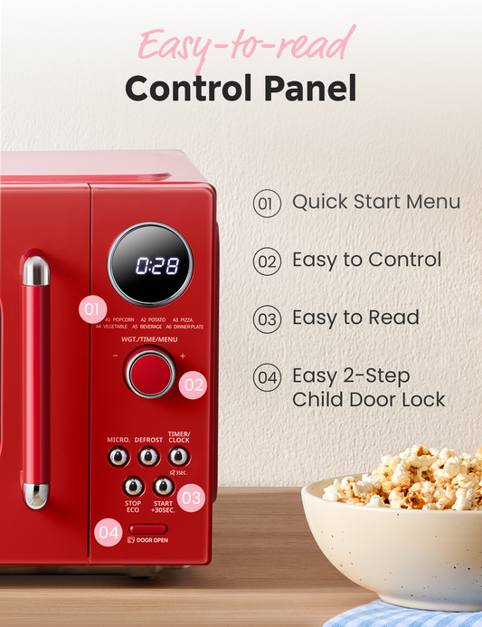 Close-up of red microwave control panel