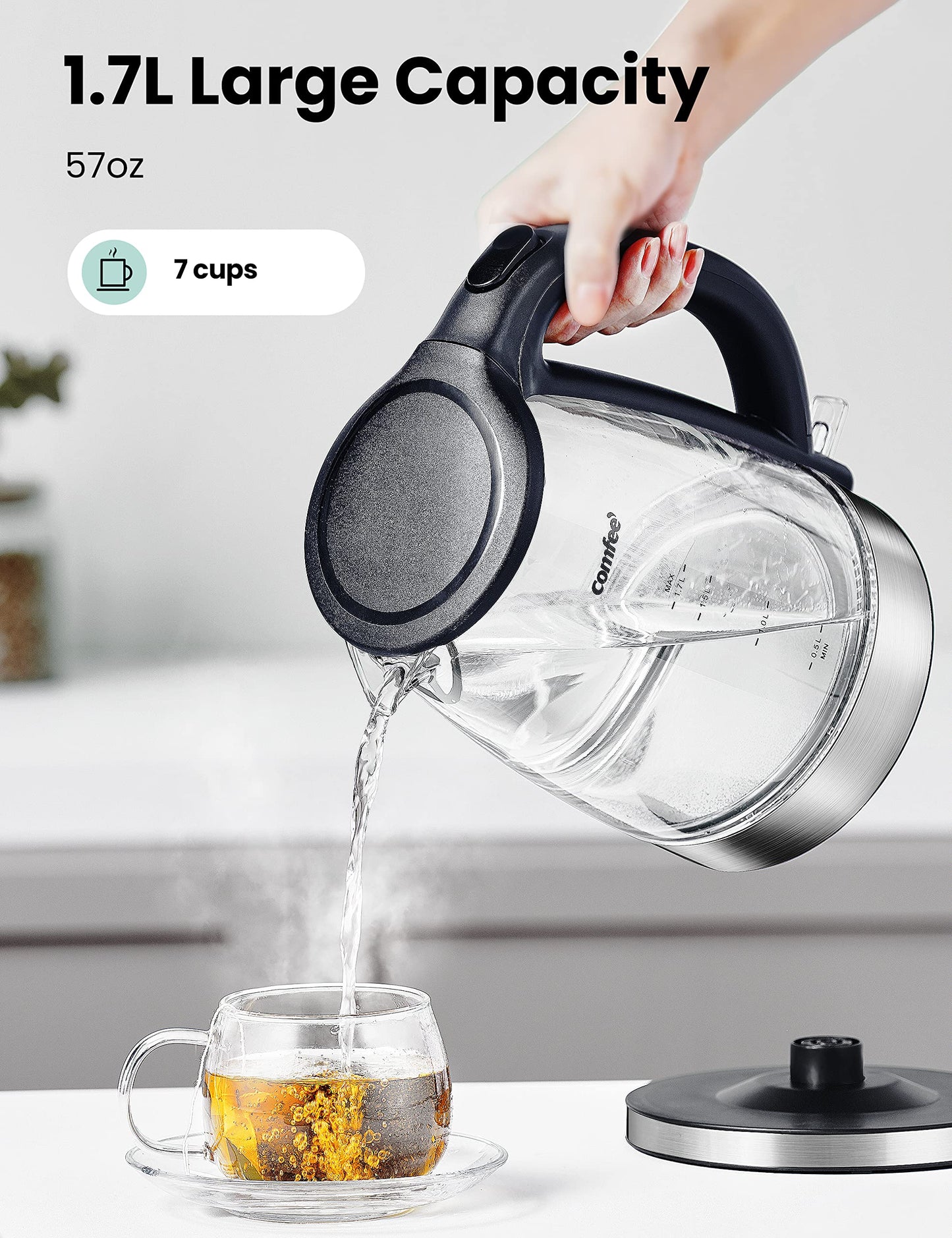 comfee electric glass kettle contains 1.7L capacity