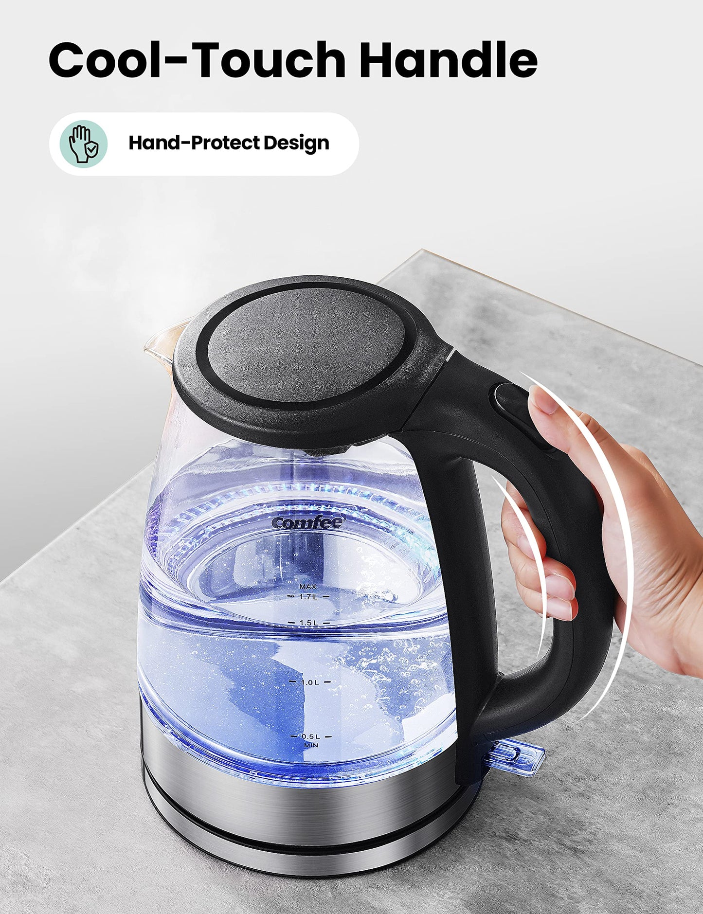 comfee electric glass kettle contains hand-protect design