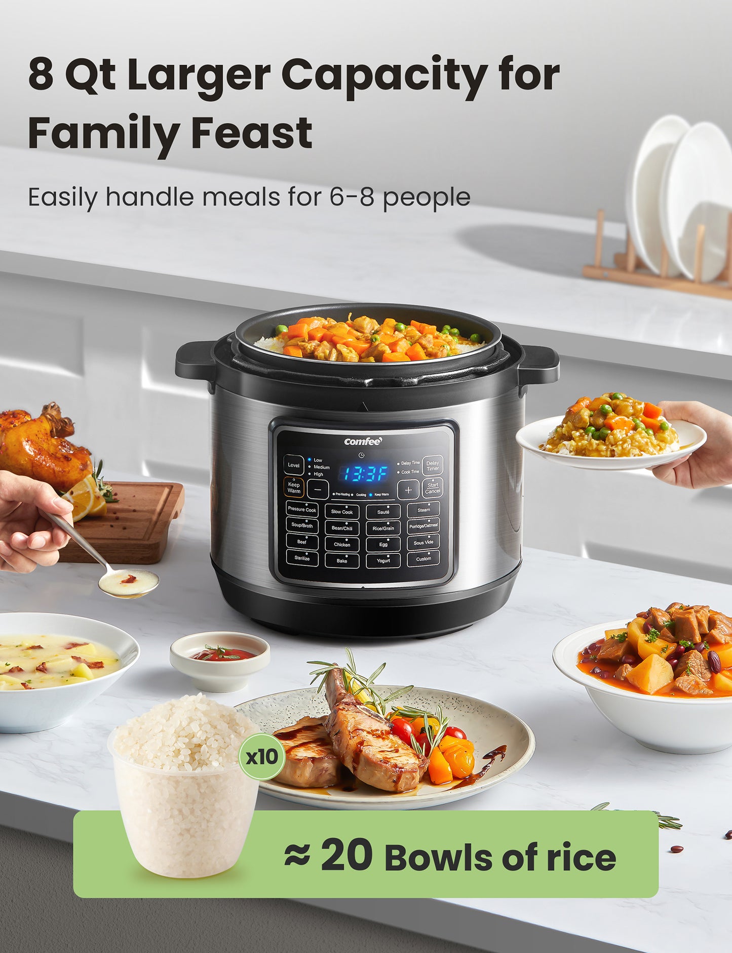 comfee pressure cooker with rice inside surrounded by various meals