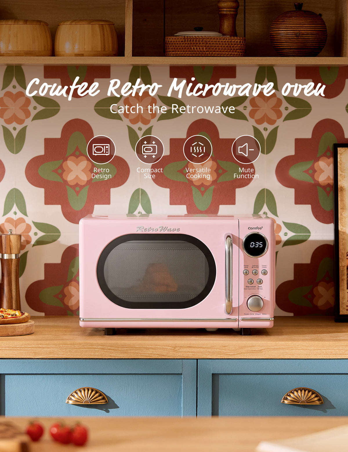 0.7 Cu.ft Retro Microwave Oven - Pink