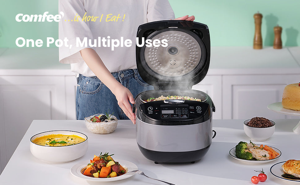 COMFEE Rice Cooker 4 Cup Stainless Steel with Steamer 6-in-1 Multi Slow  Cooker