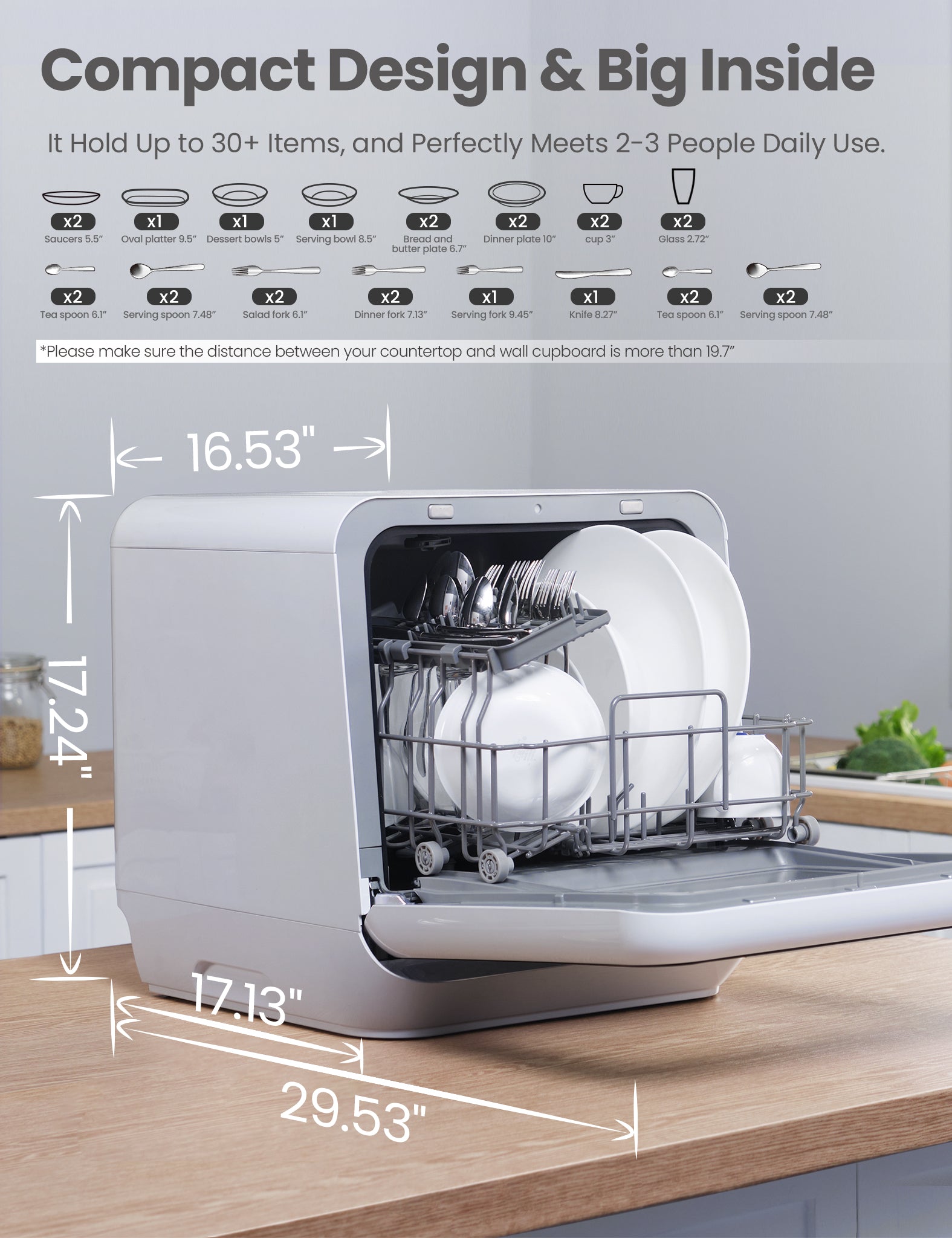 Comfee countertop dishwasher size and the number of dishes it can hold.