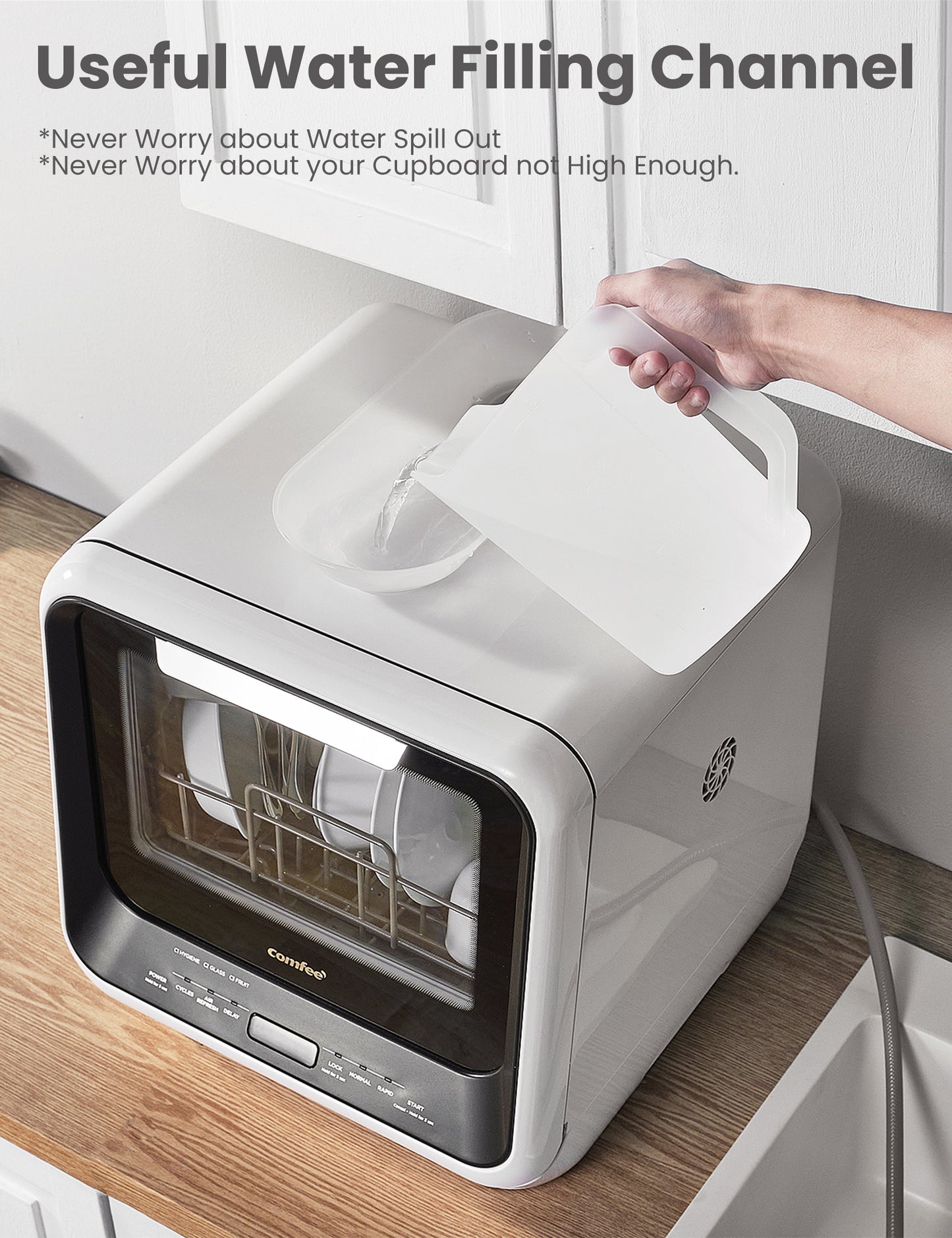 one hand pours water into the top of the dishwasher