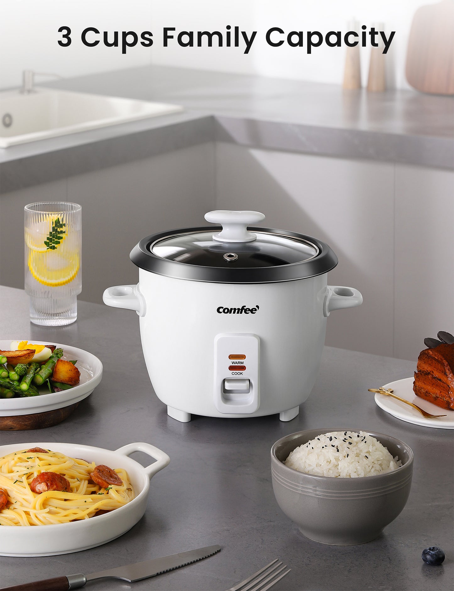 comfee mini rice cooker surrounded by various meals