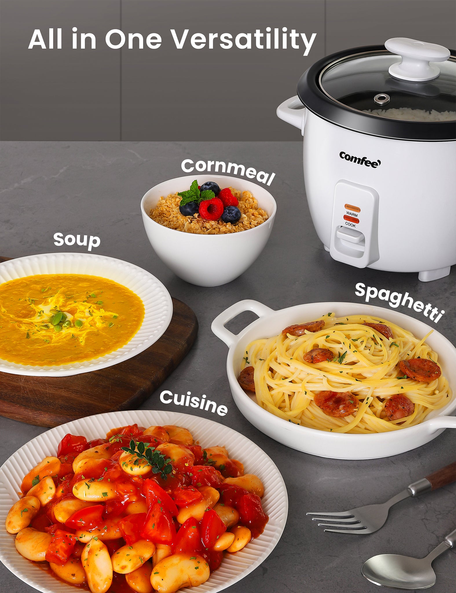 comfee mini rice cooker with rice inside surrounded by various meals