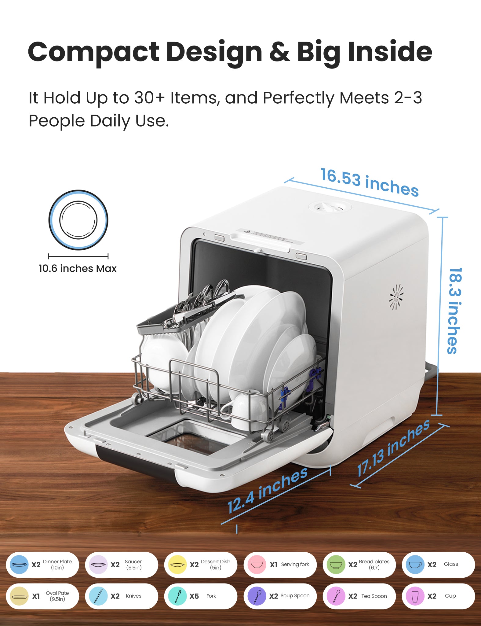 size and capacity of comfee countertop dishwasher