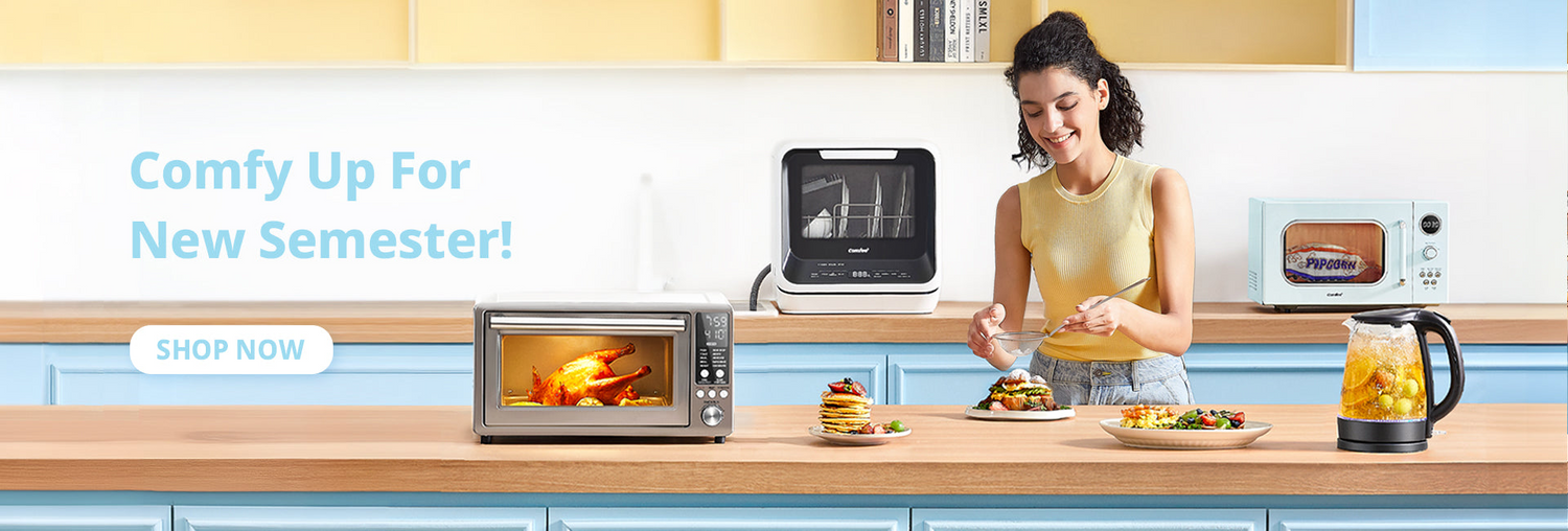 Young woman cooking a gourmet meal with comfee oven, washing machine, microwave, kettle next to her.