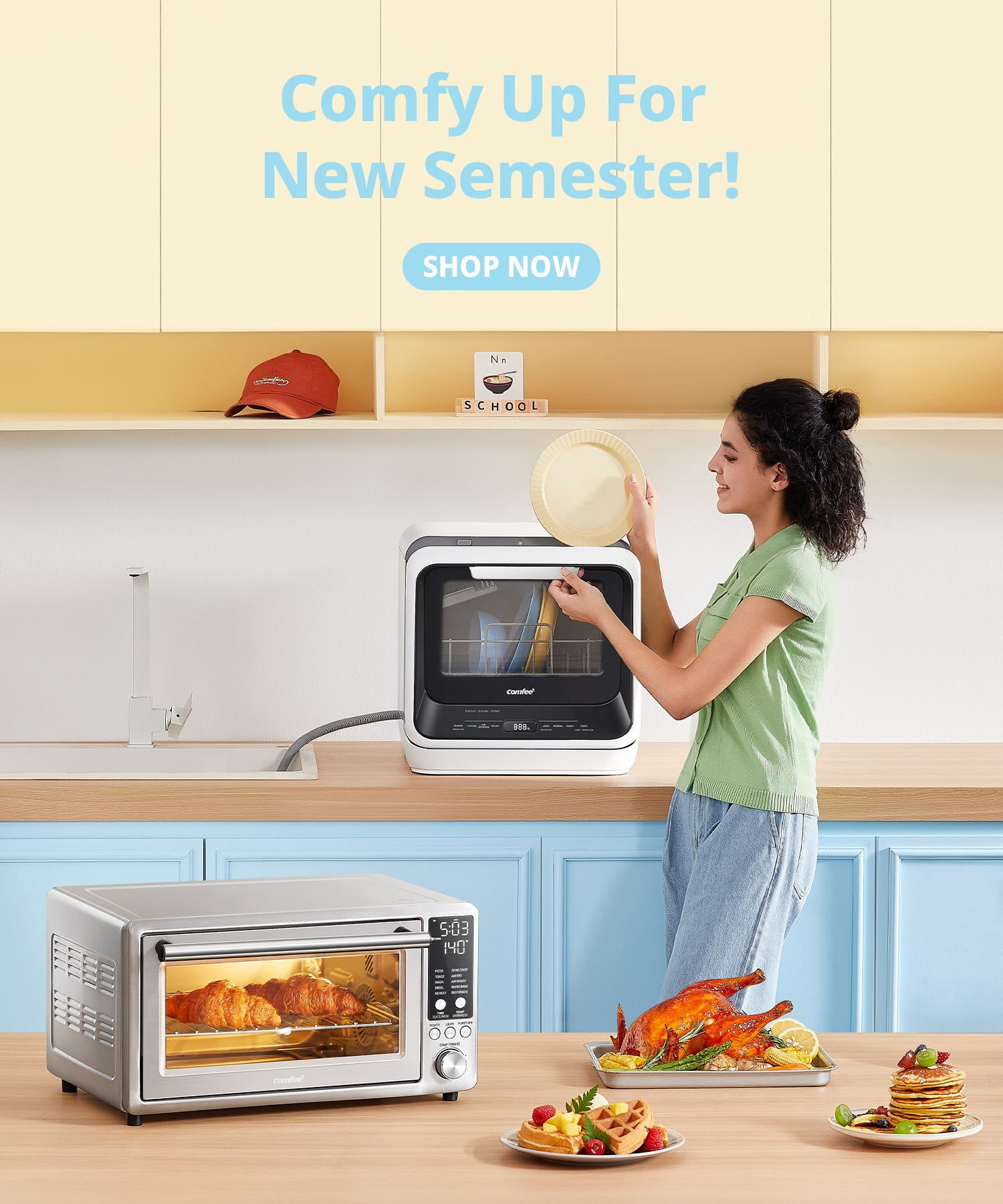Young woman takes plates out of the comfee dishwasher next to an oven and some food on the center island.