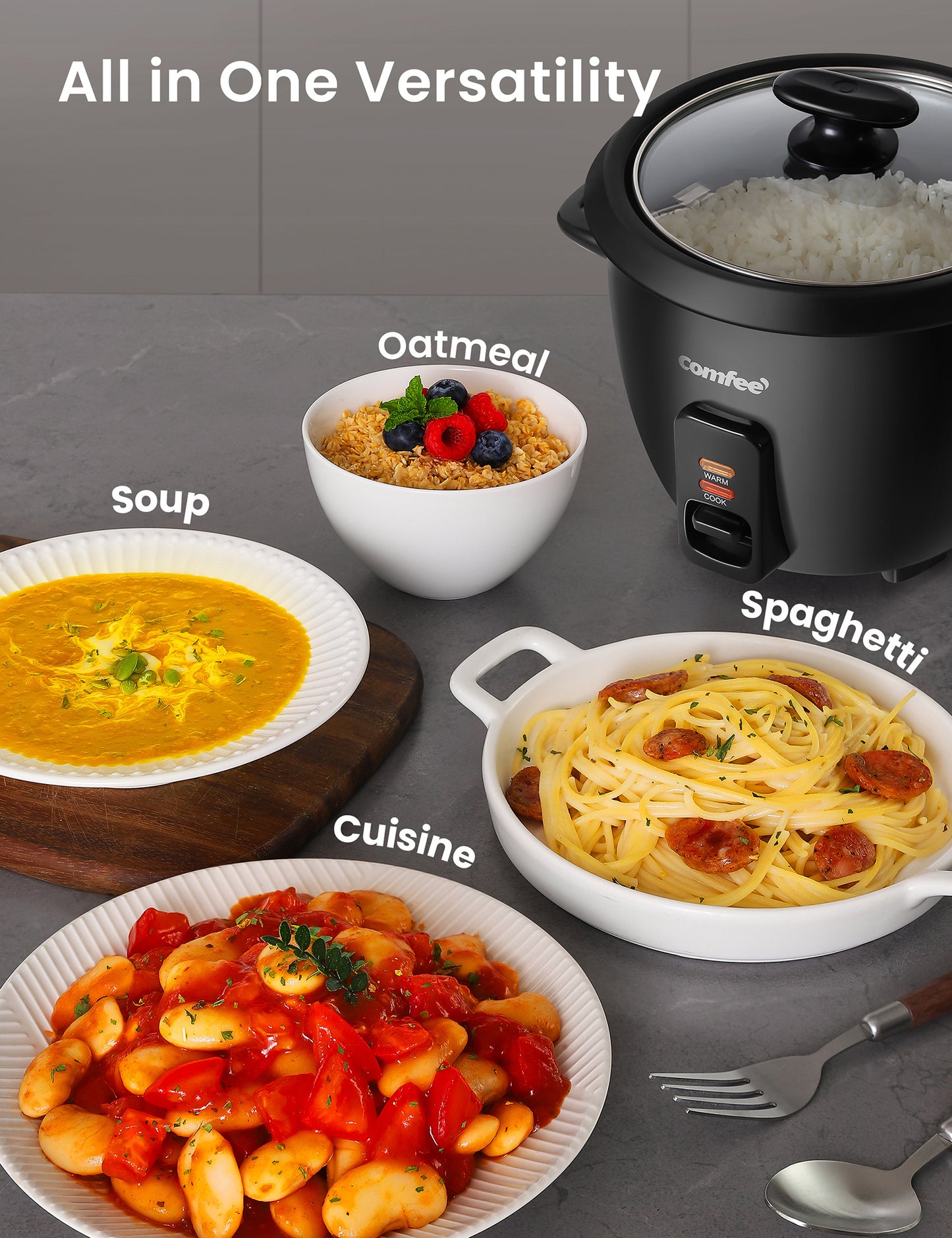 comfee rice cooker with rice inside surrounded by various meals