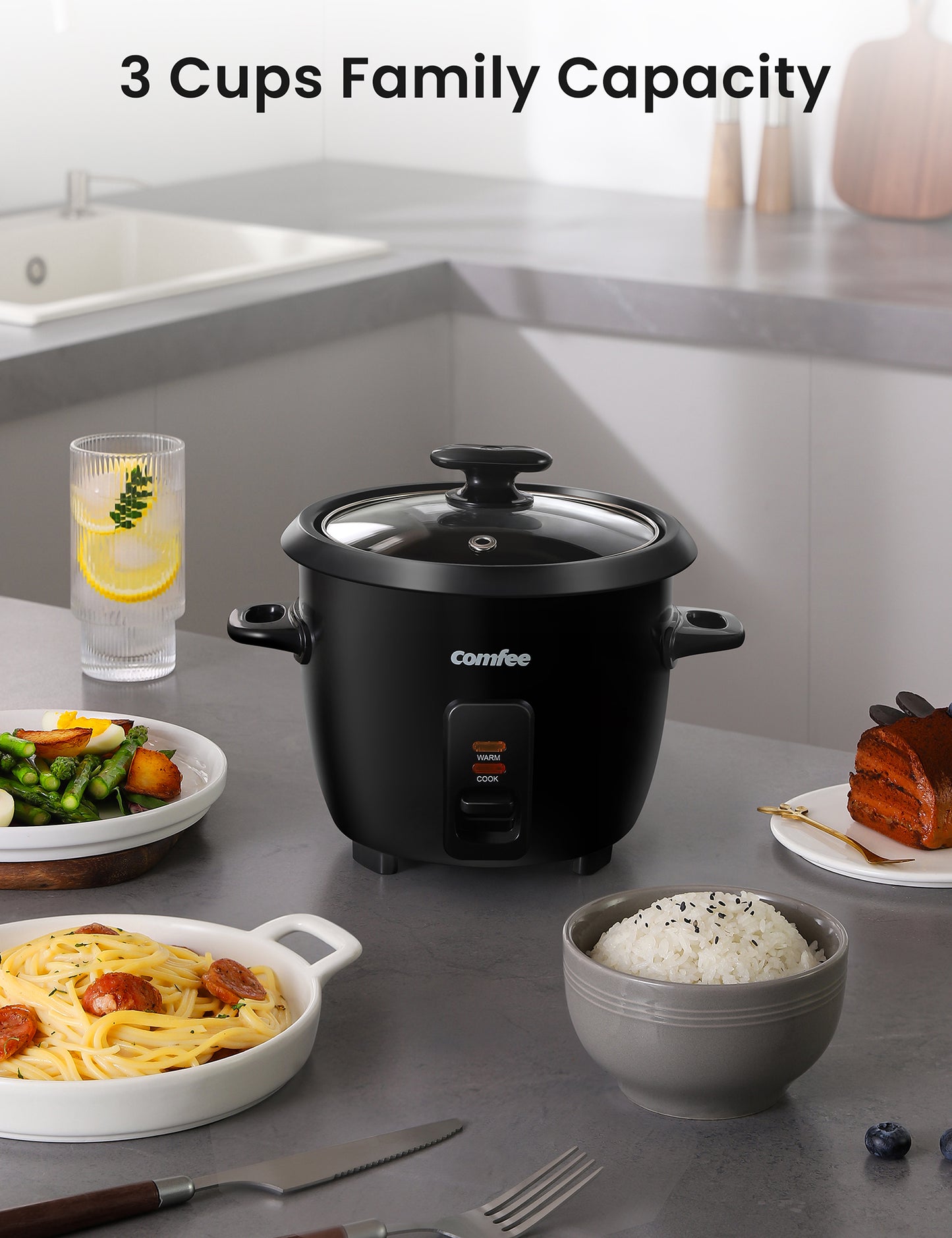 comfee rice cooker on the table, surrounded by different meals