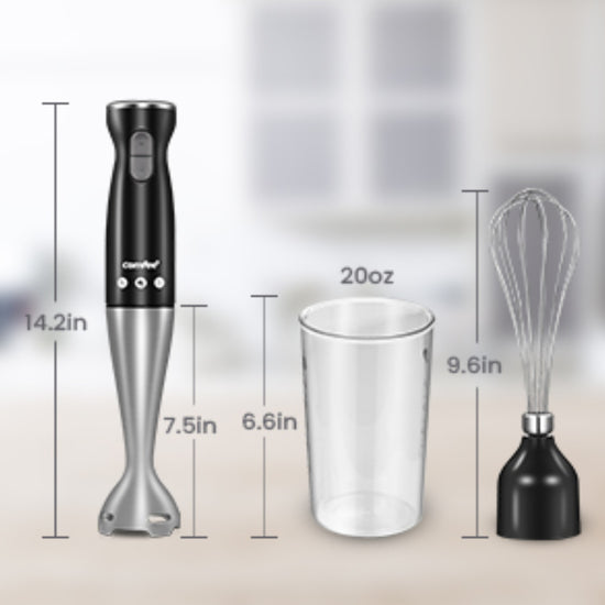 Comfee' Immersion Hand Blender, Brushed Stainless Steel, 2-Speed, Multipurpose Stick Blender with 200 Watts, 600ml Mixing Beaker and Whisk, Perfect