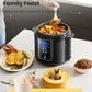 comfee pressure cooker with food inside surrounded by various meals