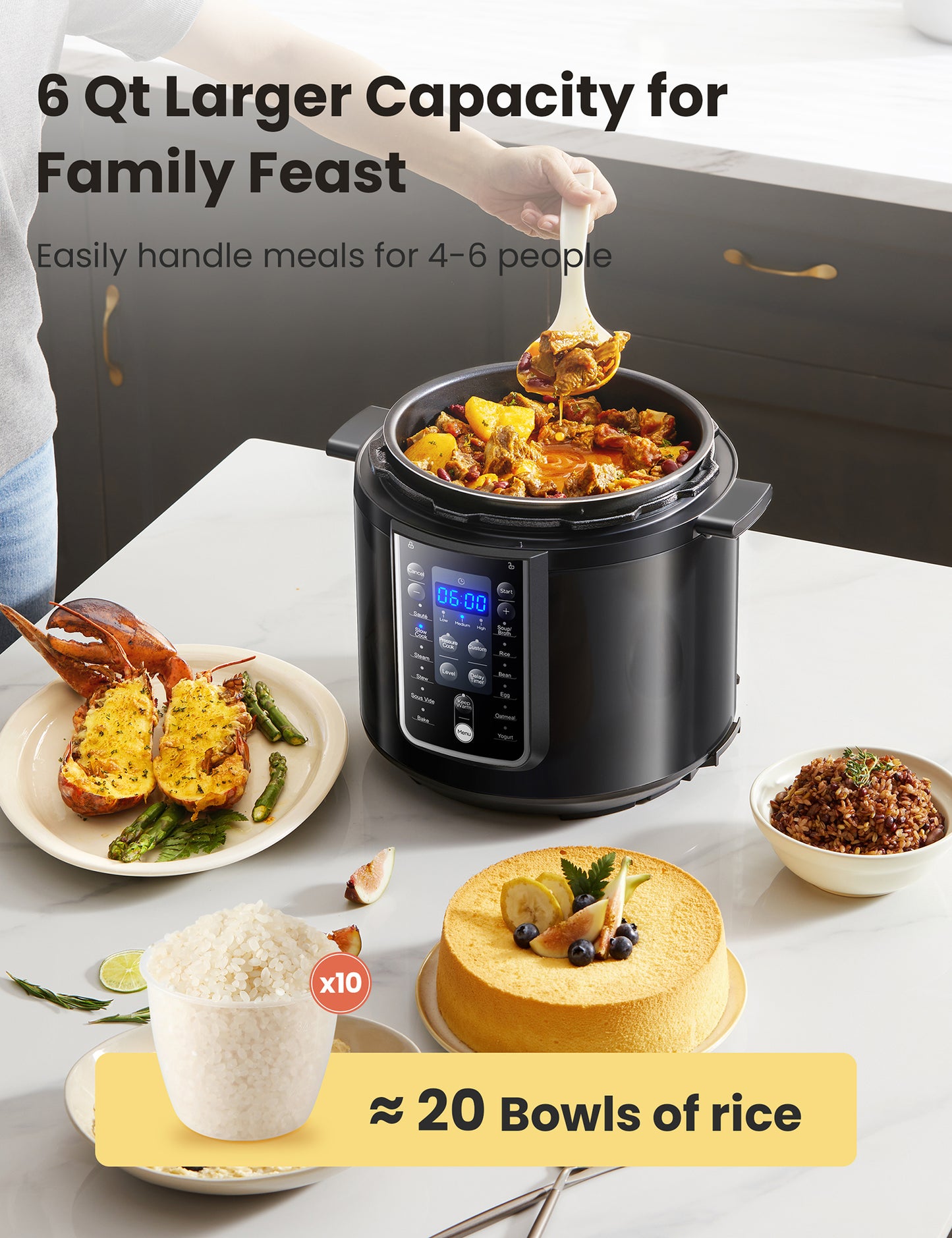 comfee pressure cooker with food inside surrounded by various meals
