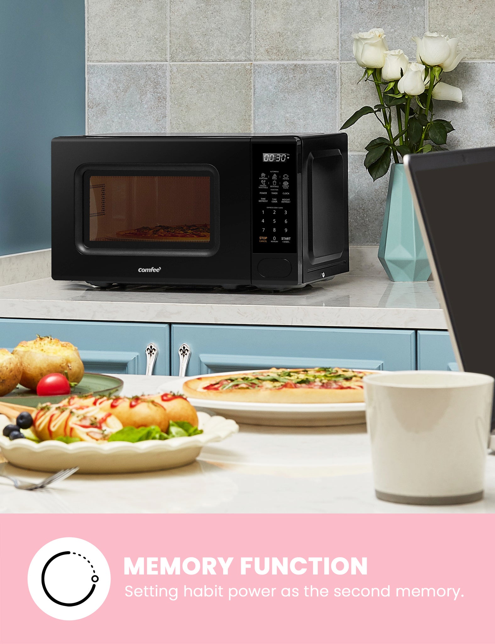 Pizza was baking in a comfee retro microwave on the table, and some baked goods were placed on a table not far away