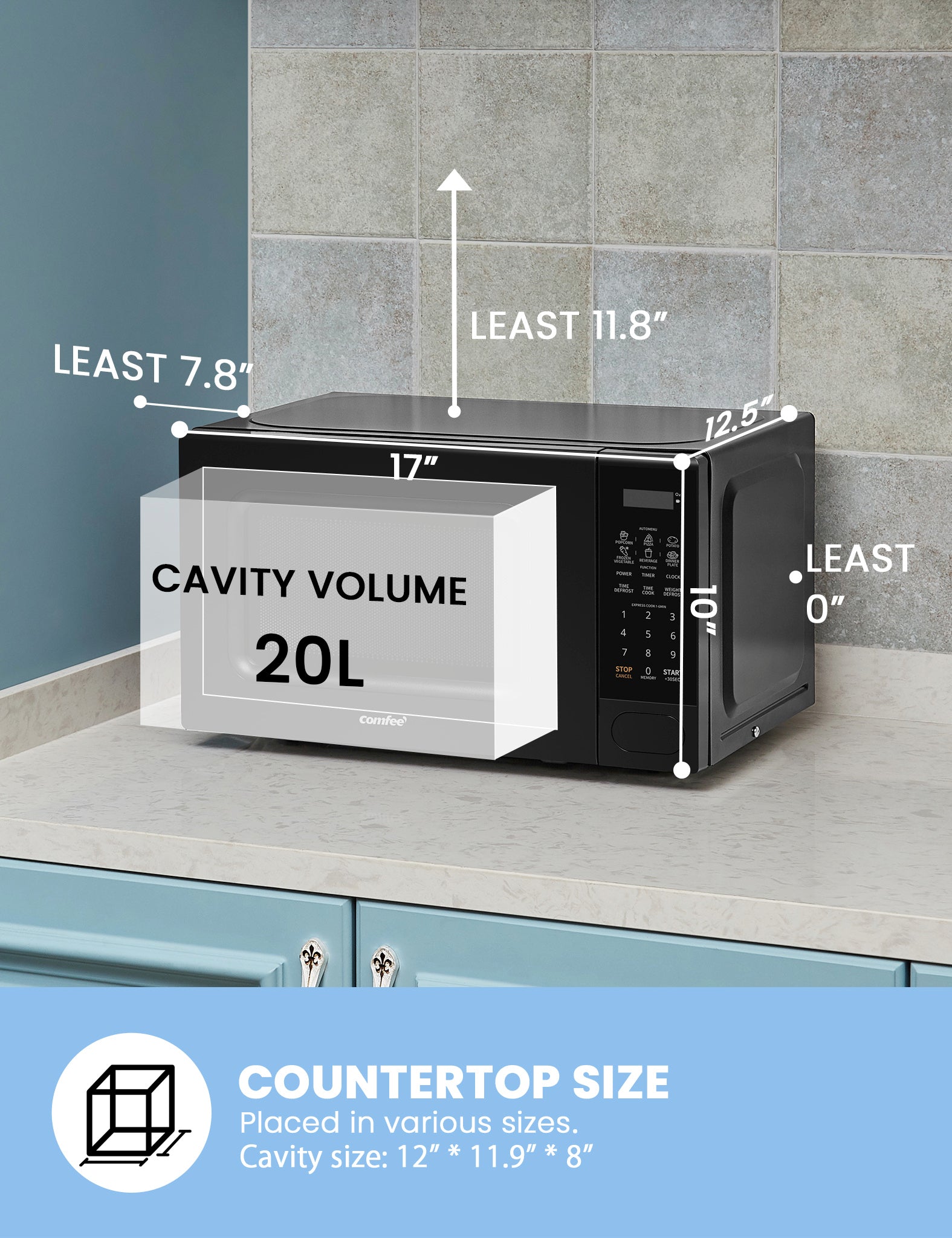 size dimensions of black comfee countertop microwave on a white patten kitchen countertop