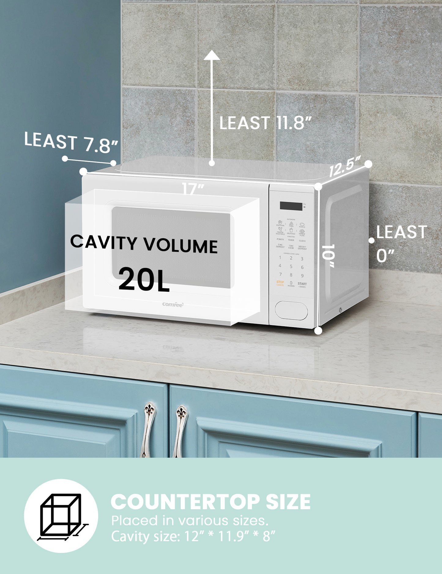 size dimensions of white comfee countertop microwave on a white patten kitchen countertop