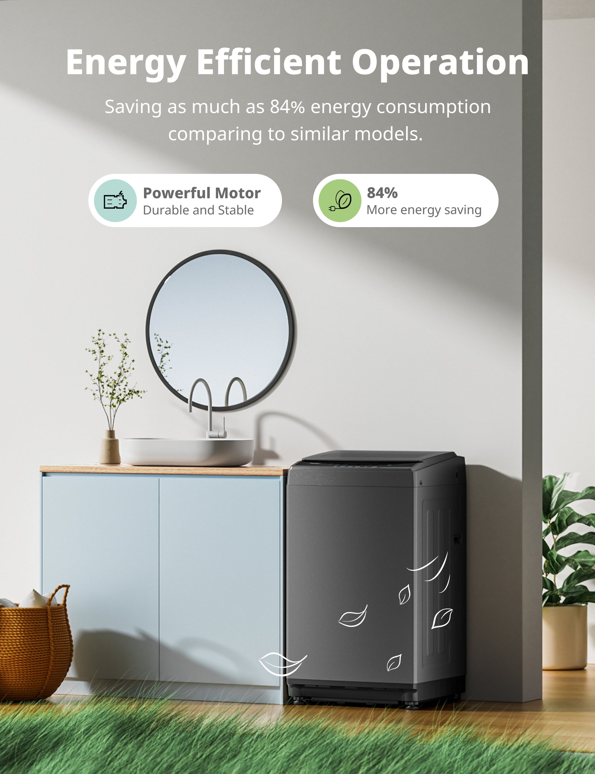 comfee grey washing machine in a modern bathroom