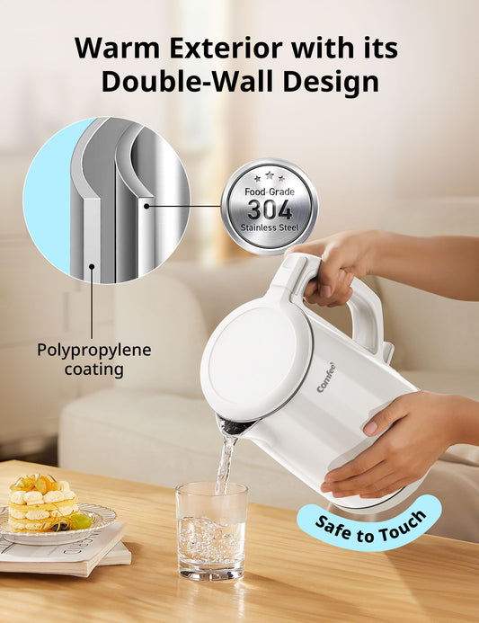 A double-wall structured electric kettle implies a safe-to-touch design.