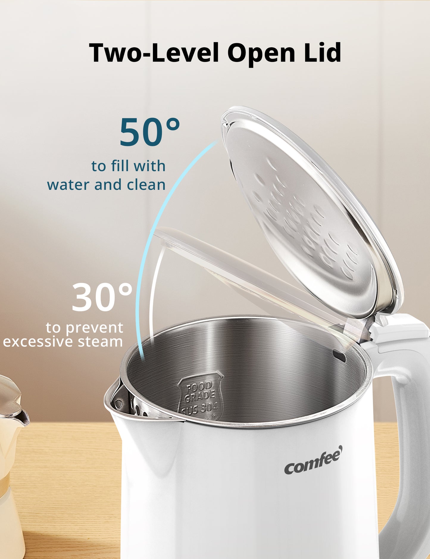 An electric kettle with a lid open at two angles presents a user-friendly lid design.