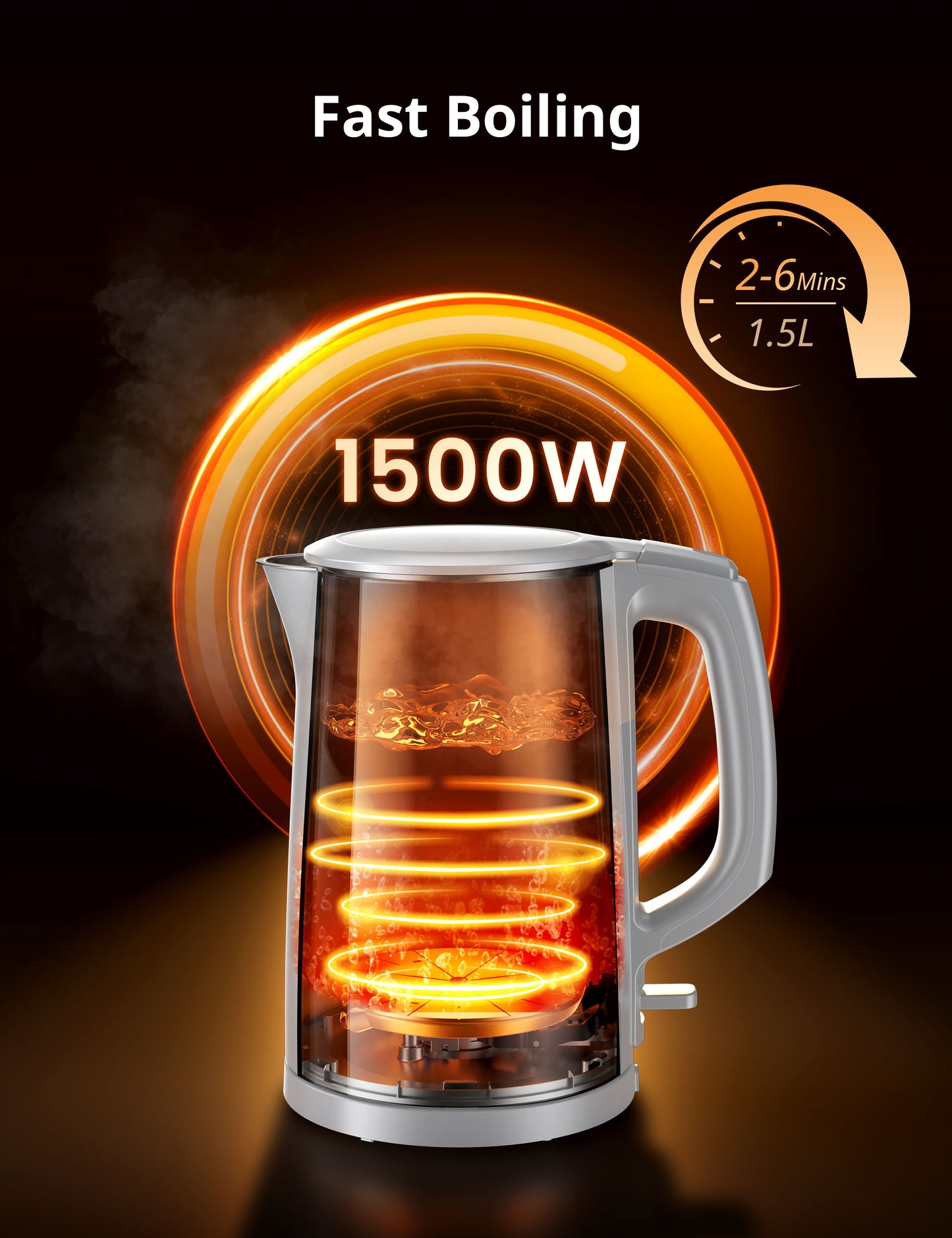 Electric kettle in fast boiling state, visualizing high-power heating.