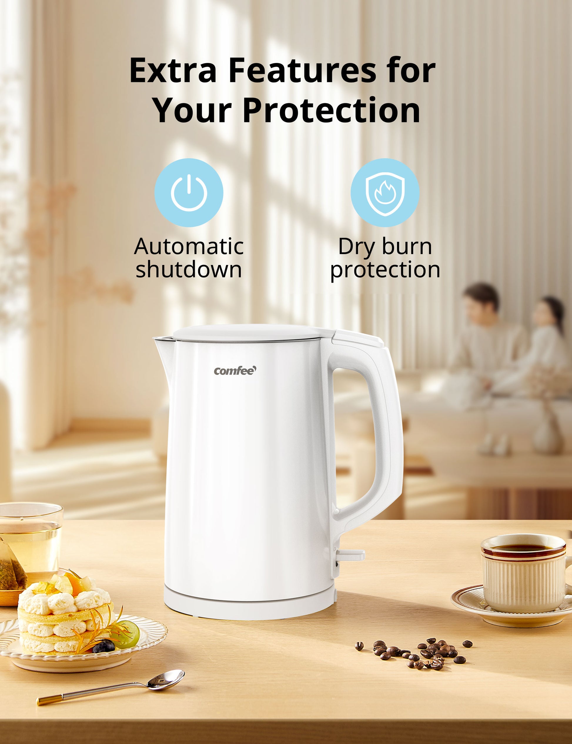 White electric kettle with safety-themed background, showing protective functions.