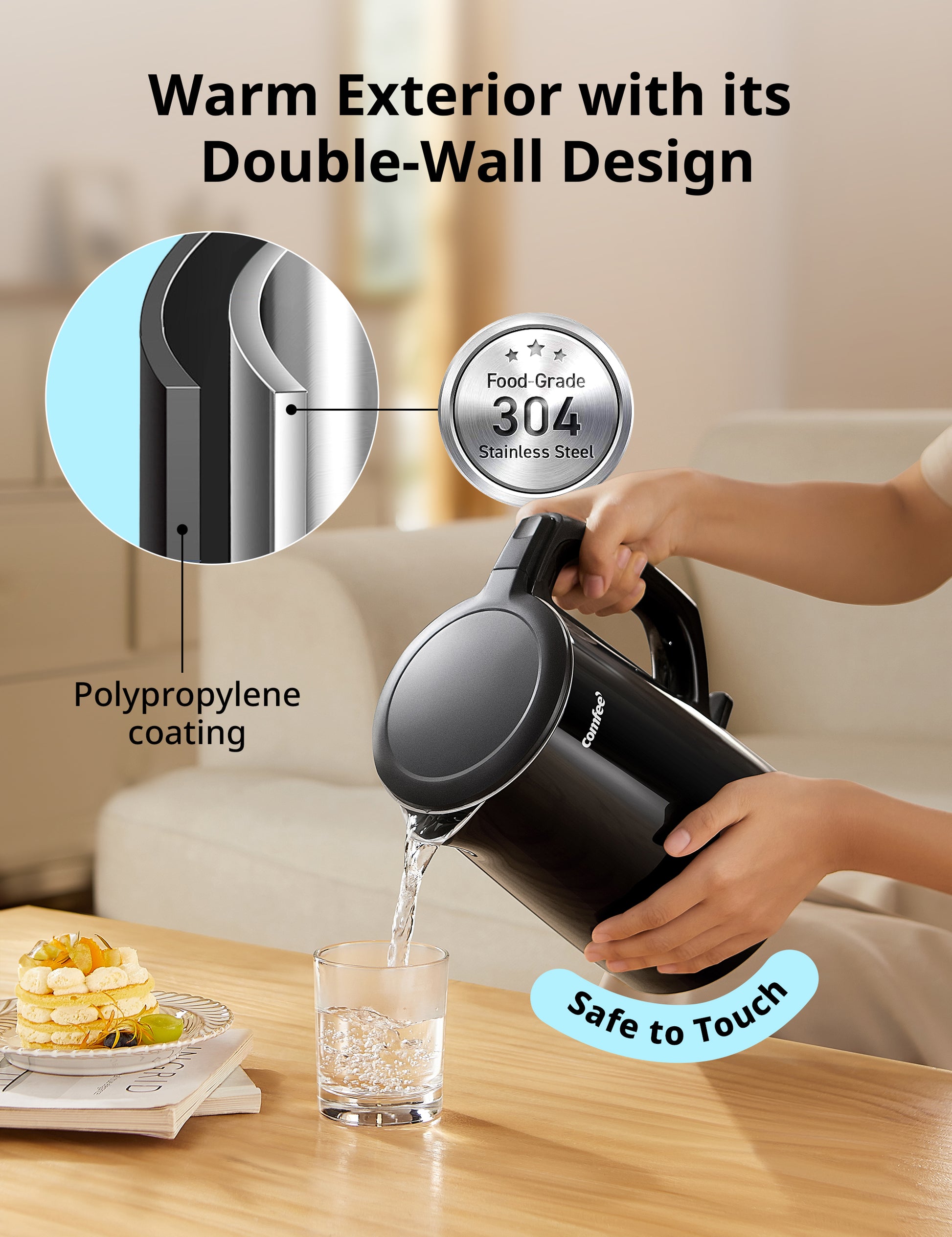 A double-wall structured electric kettle implies a safe-to-touch design.