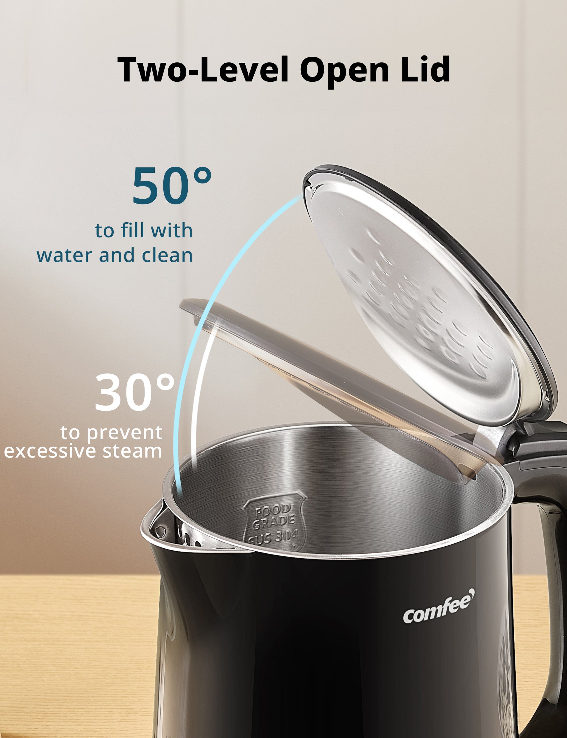 An electric kettle with a lid open at two angles presents a user-friendly lid design.