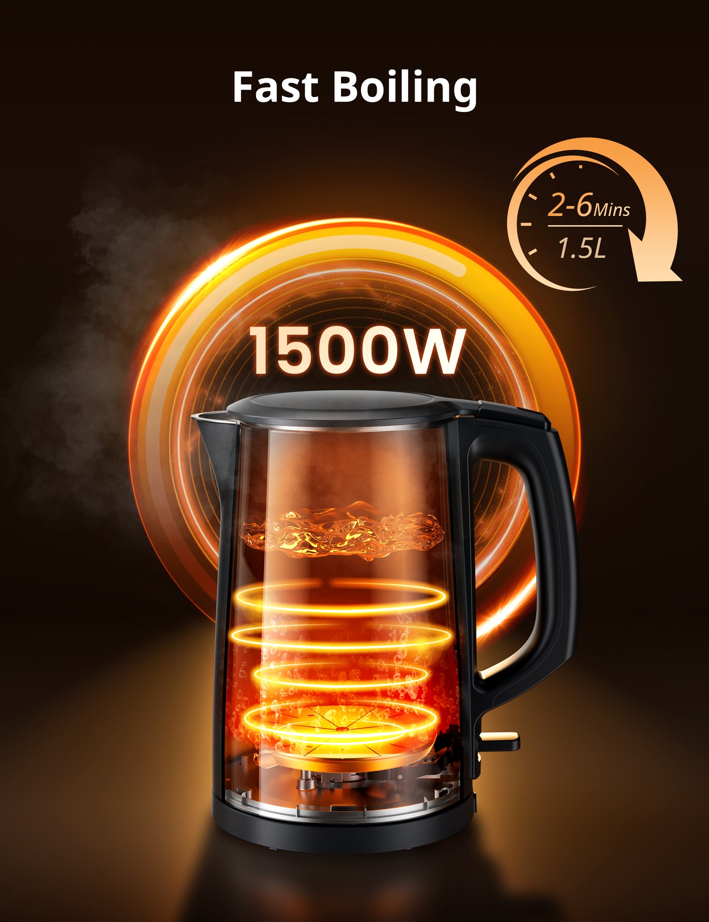 Electric kettle in fast boiling state, visualizing high-power heating.