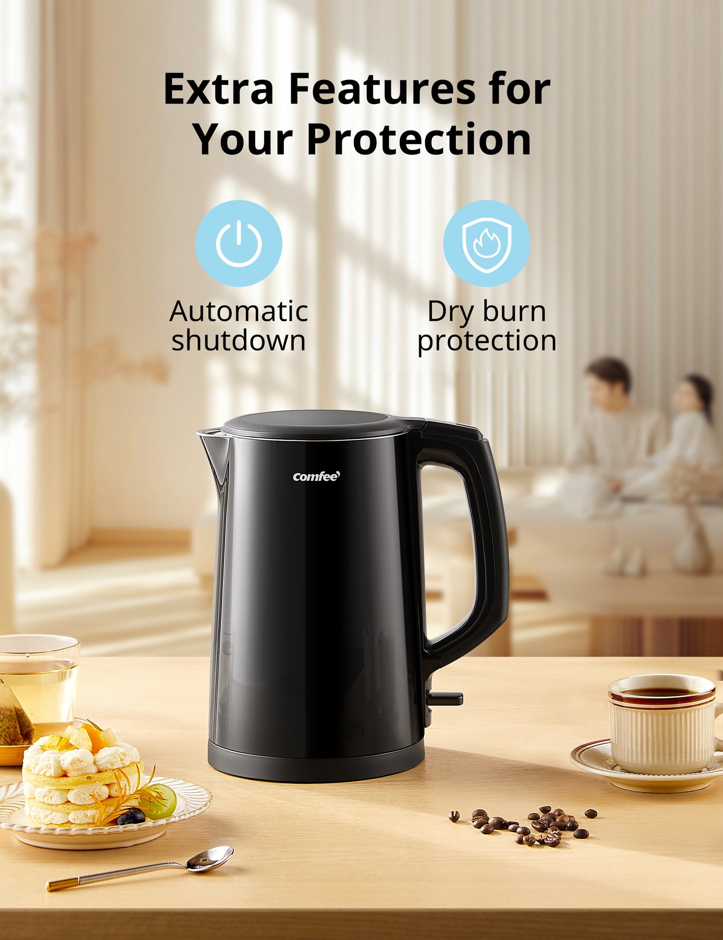 Black electric kettle with safety-themed background, showing protective functions.