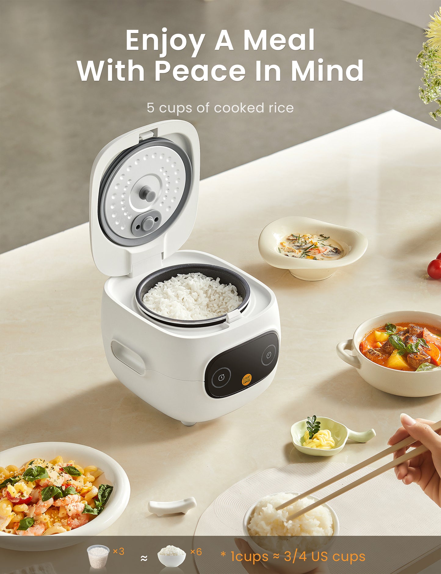 mini rice cooker with rice inside surrounded by various meals