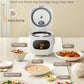 comfee mini rice cooker with rice inside surrounded by various meals