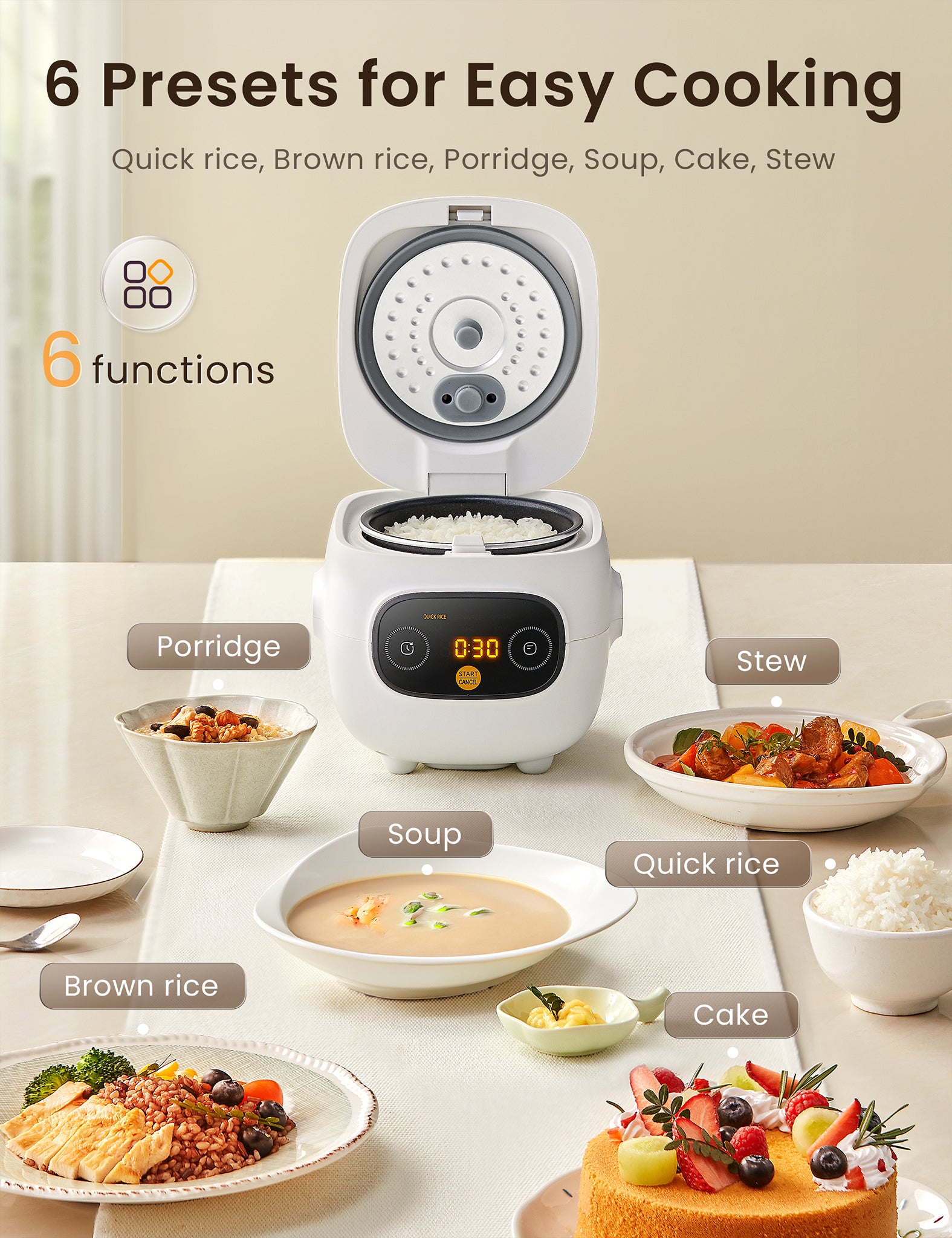 comfee mini rice cooker with rice inside surrounded by various meals