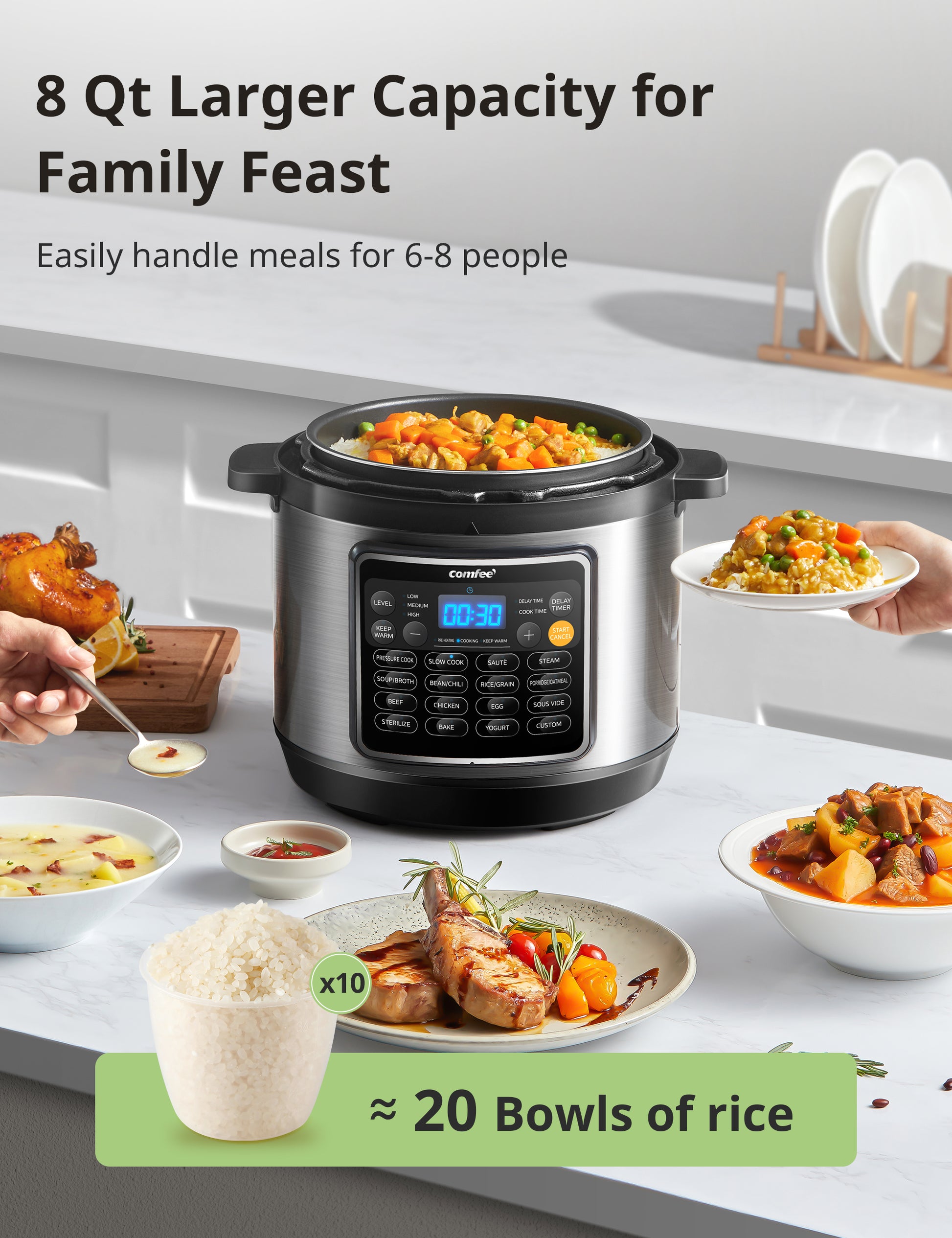 comfee pressure cooker with rice inside surrounded by various meals