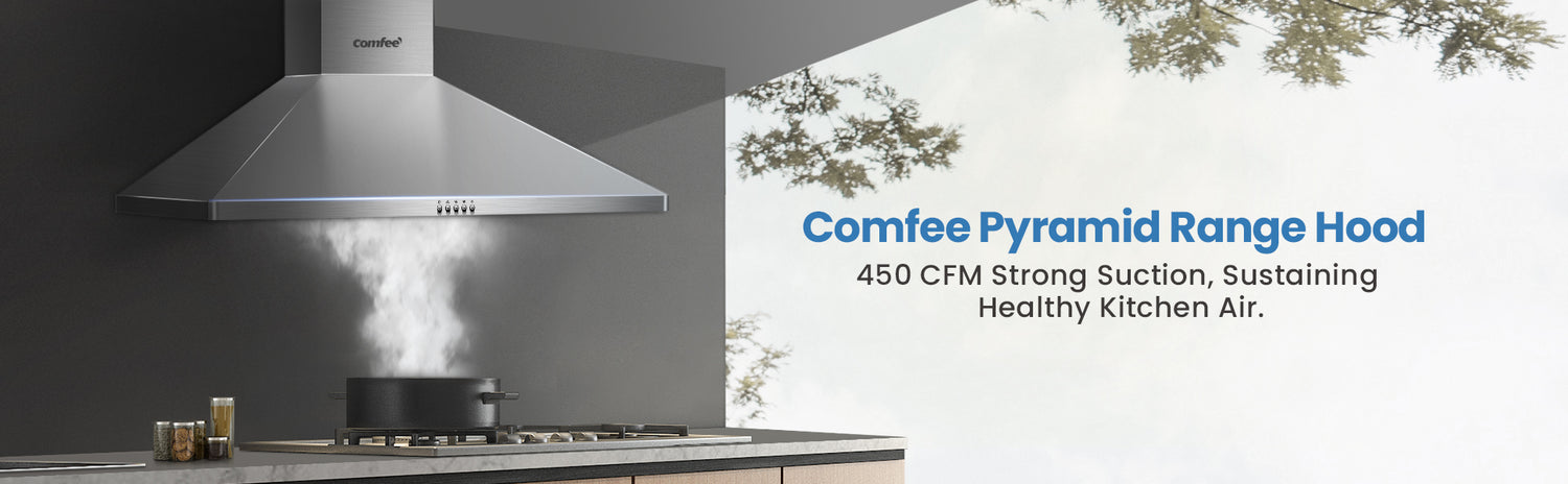 COMFEE' CVP30W6AST Ducted Pyramid Range 450 CFM Stainless Steel Wall Mount  Vent Hood with 3 Speed Exhaust Fan, 5-Layer Aluminum Permanent Filters, Two