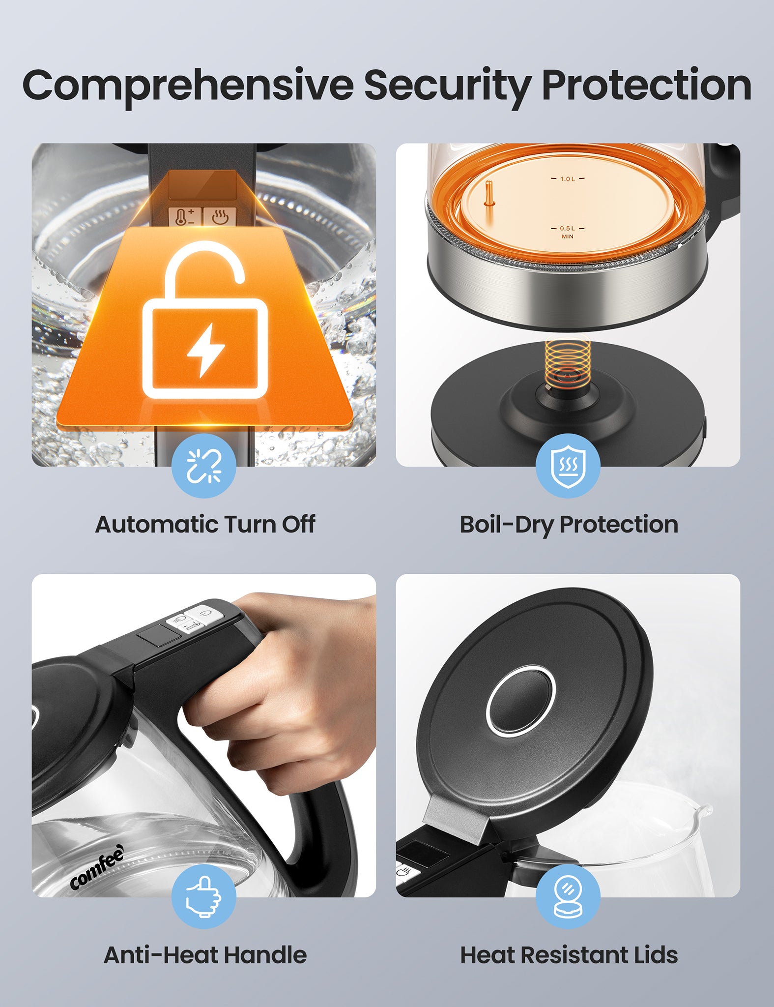 Safety features of Comfee kettle: automatic turn-off, boil-dry protection, and cool-touch handle