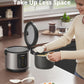 Compact Comfee 2-Quart Stainless Steel Rice Cooker with removable pot, displayed in a modern kitchen.