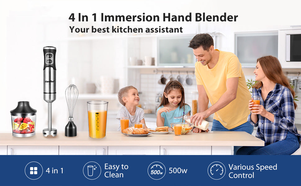 COMFEE' Immersion Hand Blender, Brushed Stainless Steel, Multipurpose Stick  Blender with 500 Watts, 600ml Beaker, 500ml Chopper and Whisk, Perfect for