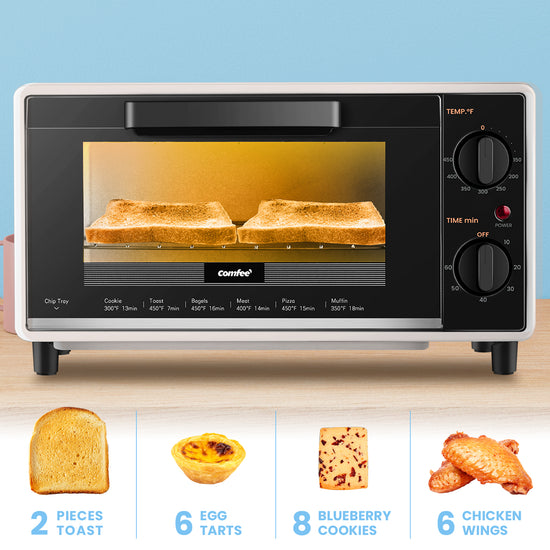 Comfee' Toaster Oven Countertop, Small Toaster Ovens Combo 4 Slice, Mini Oven for 9 Pizza, Compact Oven 2 Racks for Toast, Bake, Broil, 950W, White