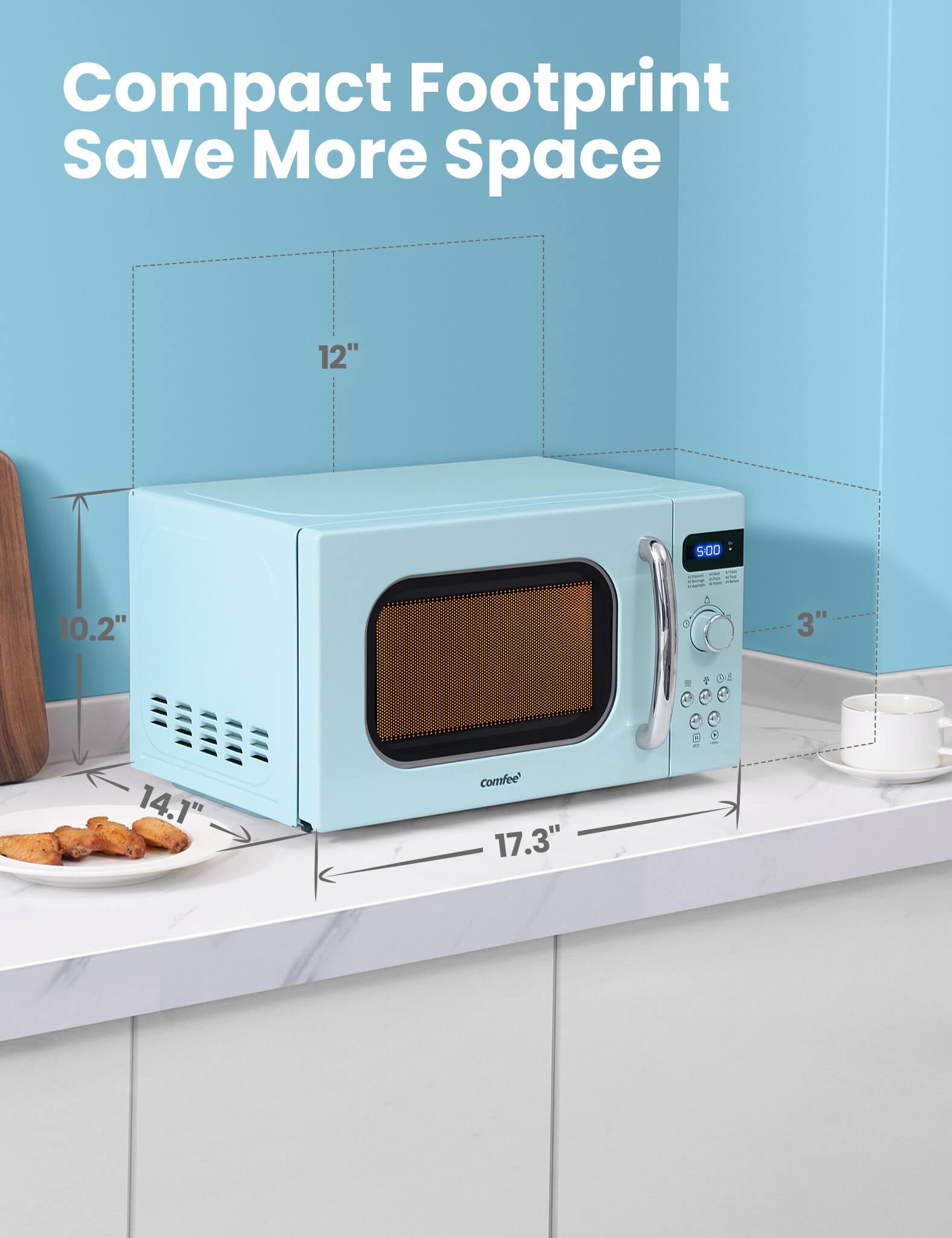 size dimensions of pastel green microwave oven sitting on a table next to chicken in a plate