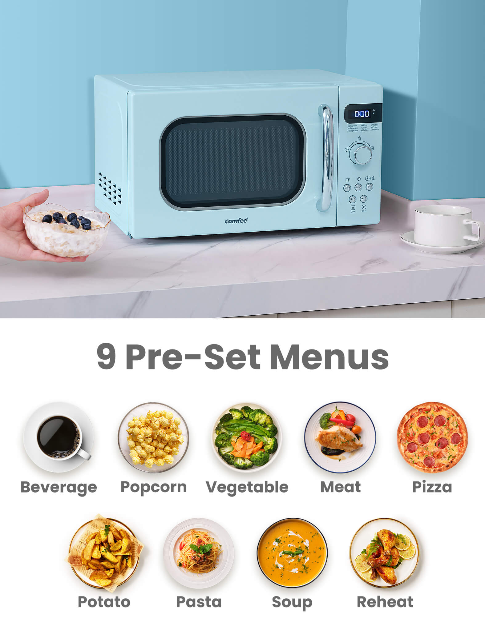 microwave oven with 9 different types of foods